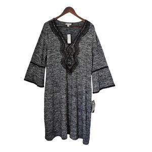 Avenue Black Gray Knitted 3/4 Bell Sleeve Dress V-Neck Embroidered Casual 18/20